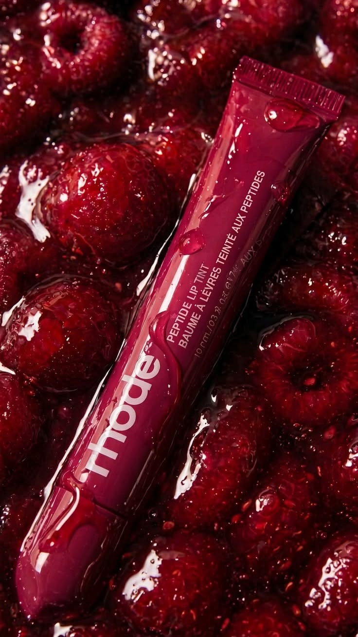Baume à lèvres Peptide Lip Tint de Rhode posé dans des framboises