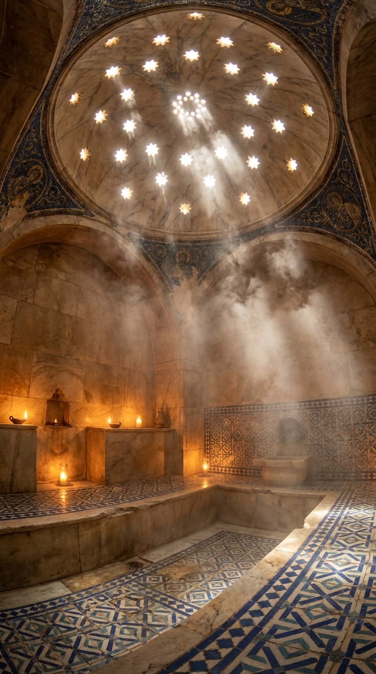 Ancient hammam under a star-pierced dome, with steam and blue zellige tiles
