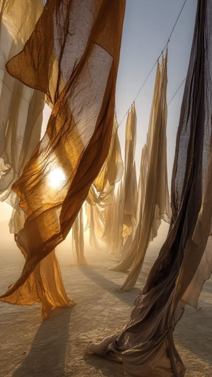 Sand-coloured linen veils drying in the golden sunlight